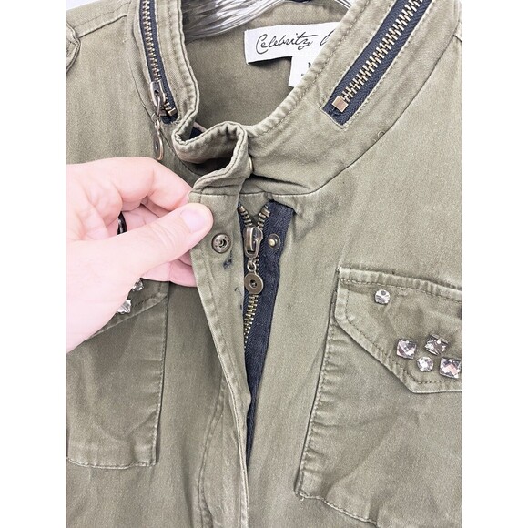 CELEBRITY PINK WOMENS JACKET GREEN MEDIUM M EMBELISHED COAT FRONT ZIP CASUAL - Picture 2 of 10